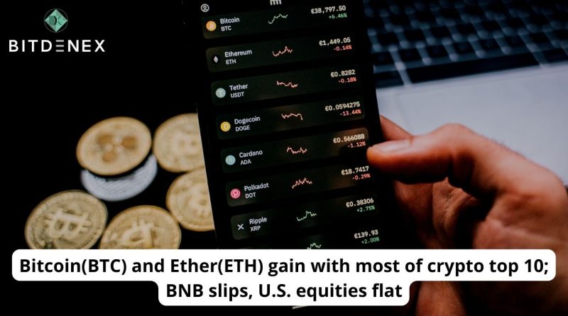 Bitcoin(BTC) and Ether(ETH) gain with most of crypto top 10; BNB slips, U.S. equities flat
